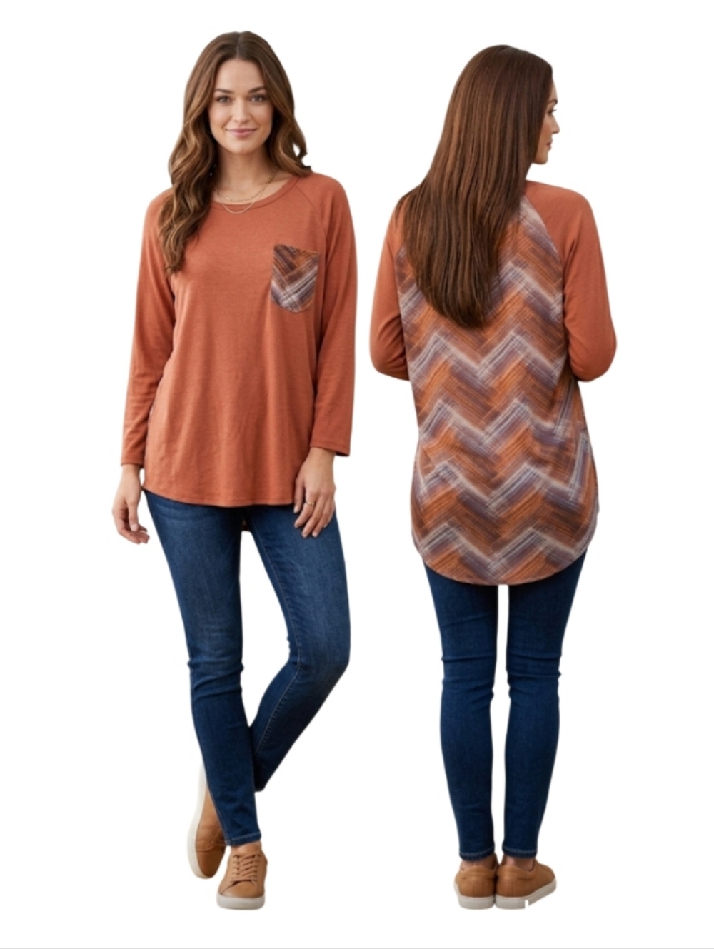 Like New! CC Misses Rust & Chevron Mixed Media Tunic Top – Medium